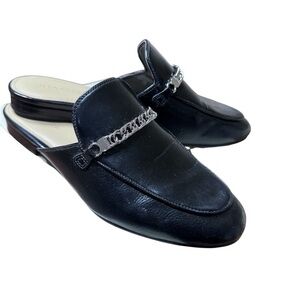 Marc Fisher Black Leather Chain-Trim Mules